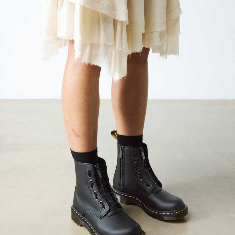 Dr. Martens 1460 Pascal Front Zip Black Leather Boots with Yellow Stitching